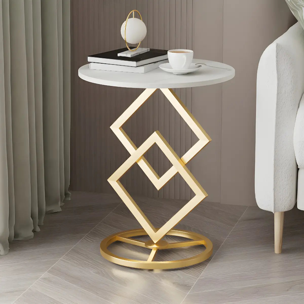 Geometric Marble Black Steel Pedestal Side Table — Black-White / 2