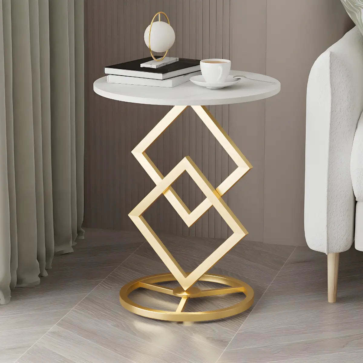 Geometric Marble Black Steel Pedestal Side Table — Black-White / 2