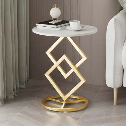Geometric Marble Black Steel Pedestal Side Table — Black-White / 2
