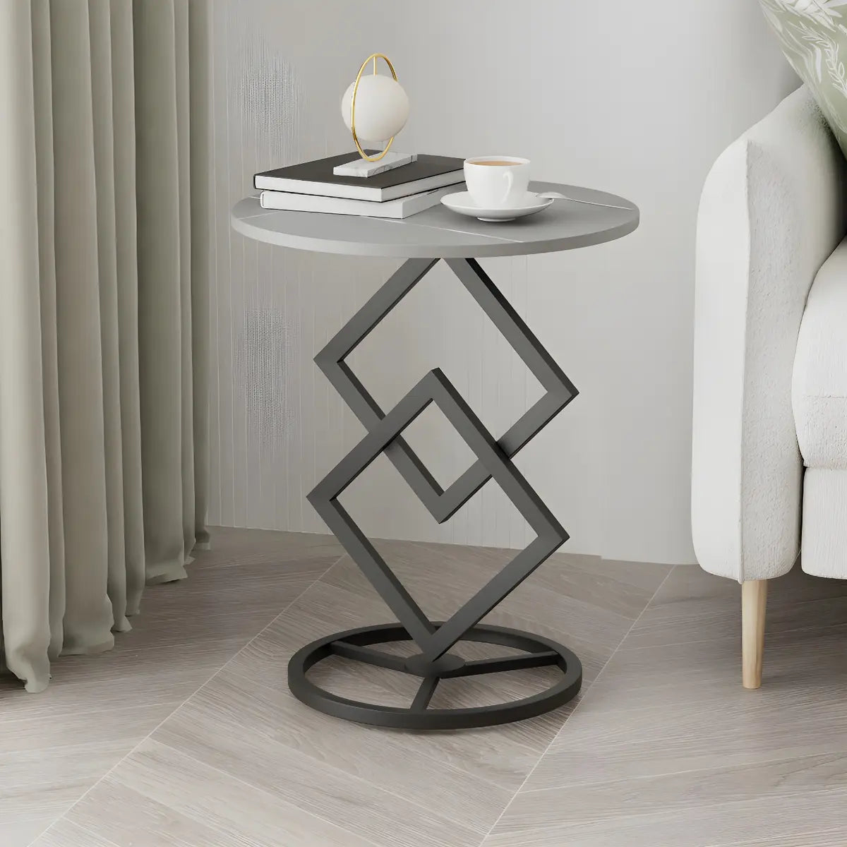 Geometric Marble Black Steel Pedestal Side Table — Gold/ Gray / 1