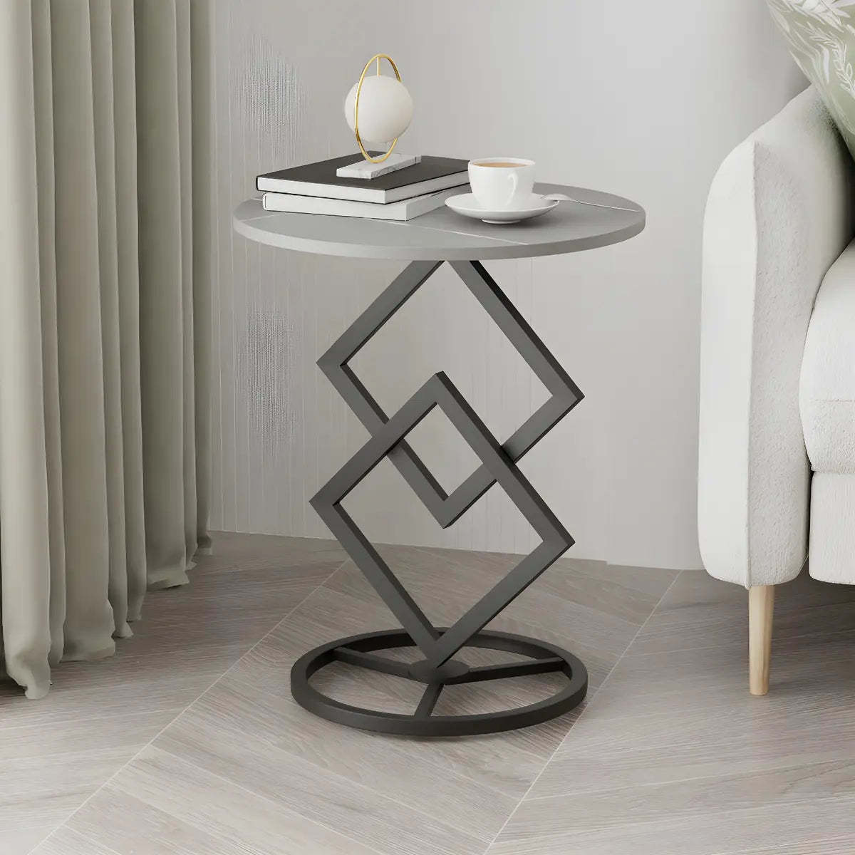 Geometric Marble Black Steel Pedestal Side Table — Gold/ Gray / 1