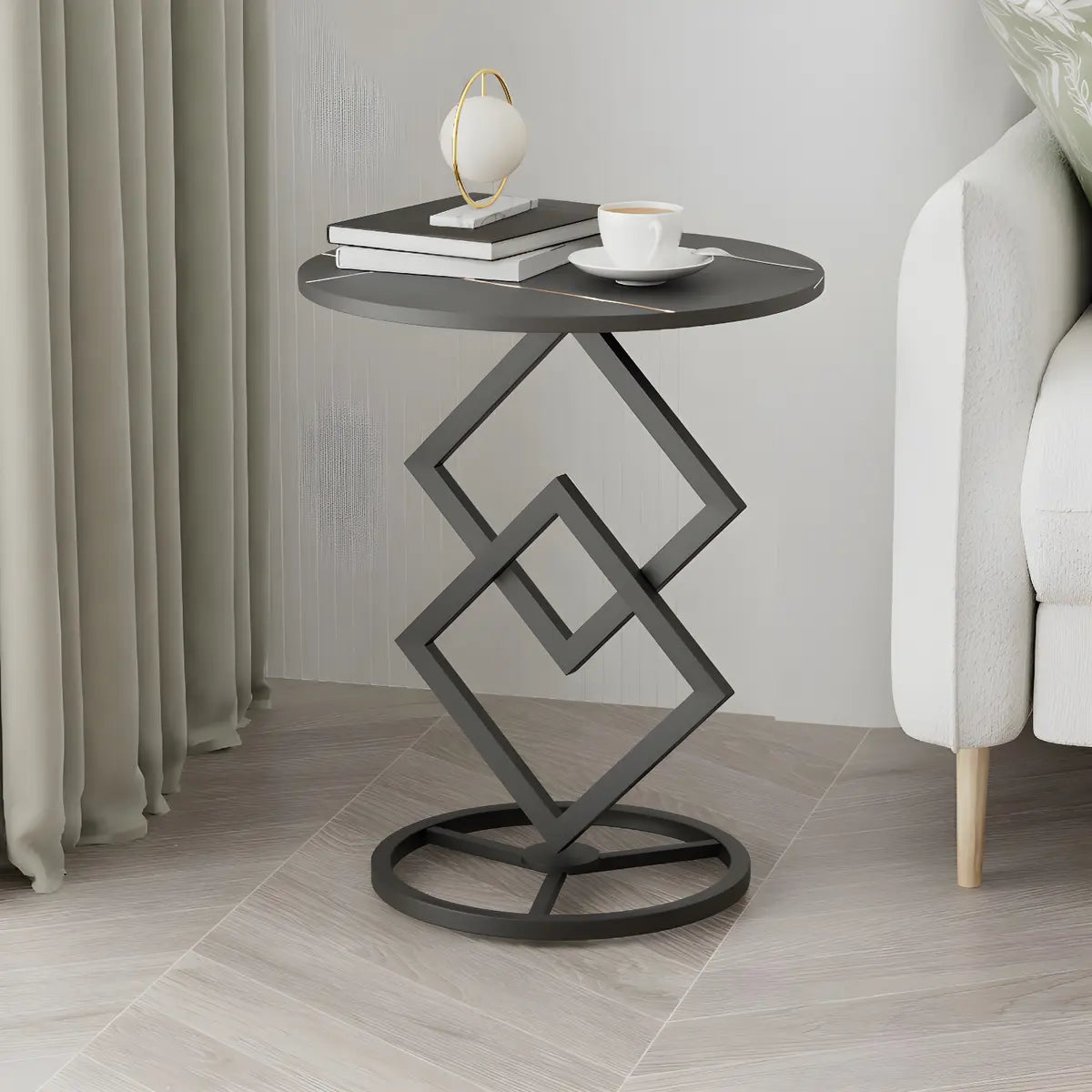 Geometric Marble Black Steel Pedestal Side Table — Gold-Black / 1