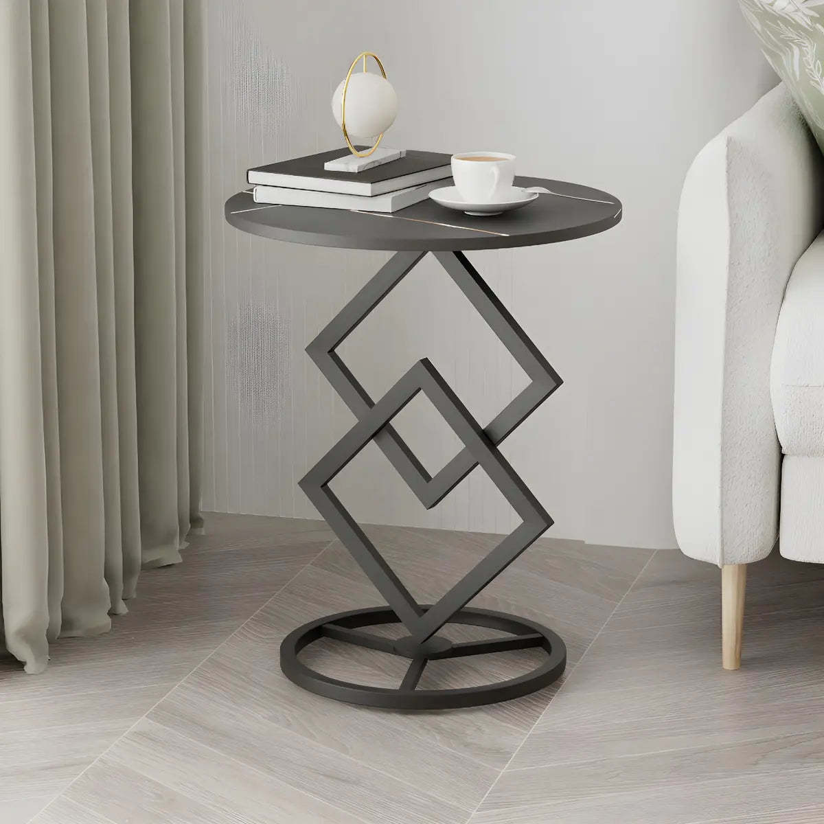 Geometric Marble Black Steel Pedestal Side Table — Gold-Black / 1