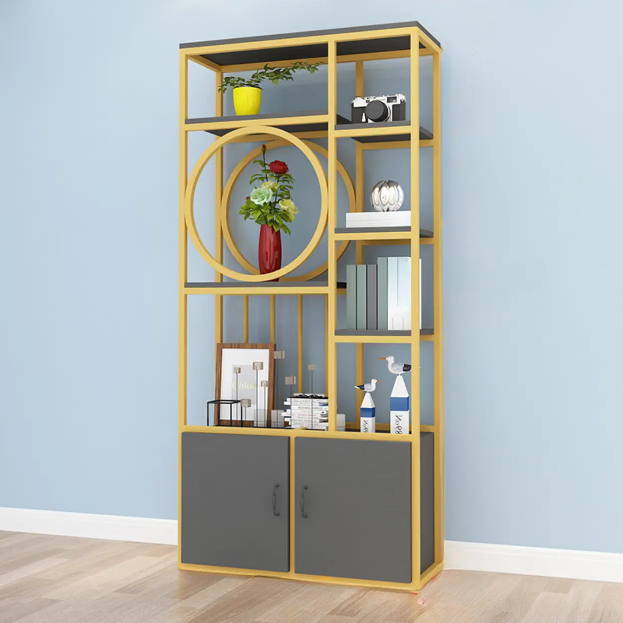 Geometric Metal Display Cabinet for Living Room — Gold-White