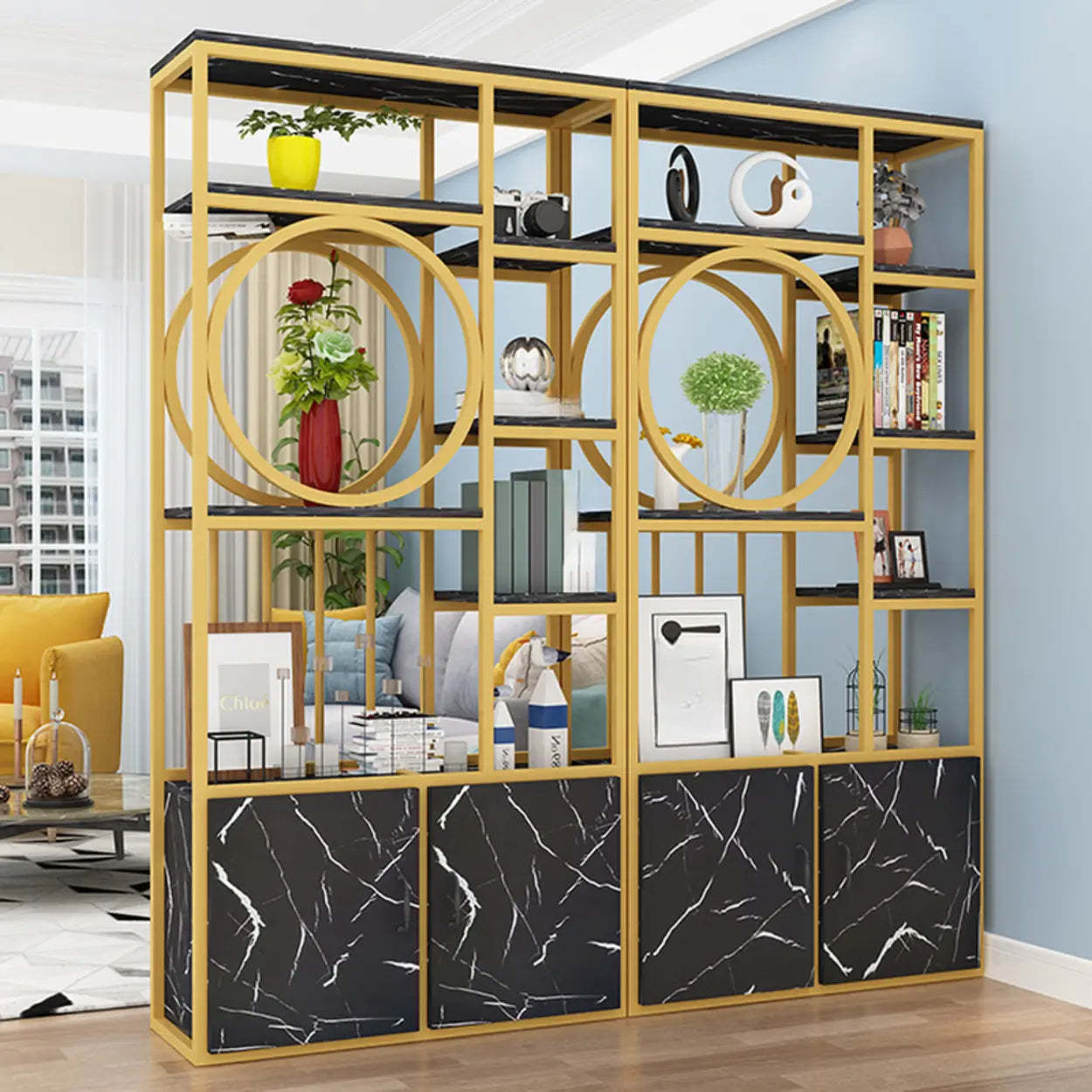 Geometric Metal Display Cabinet for Living Room — Black