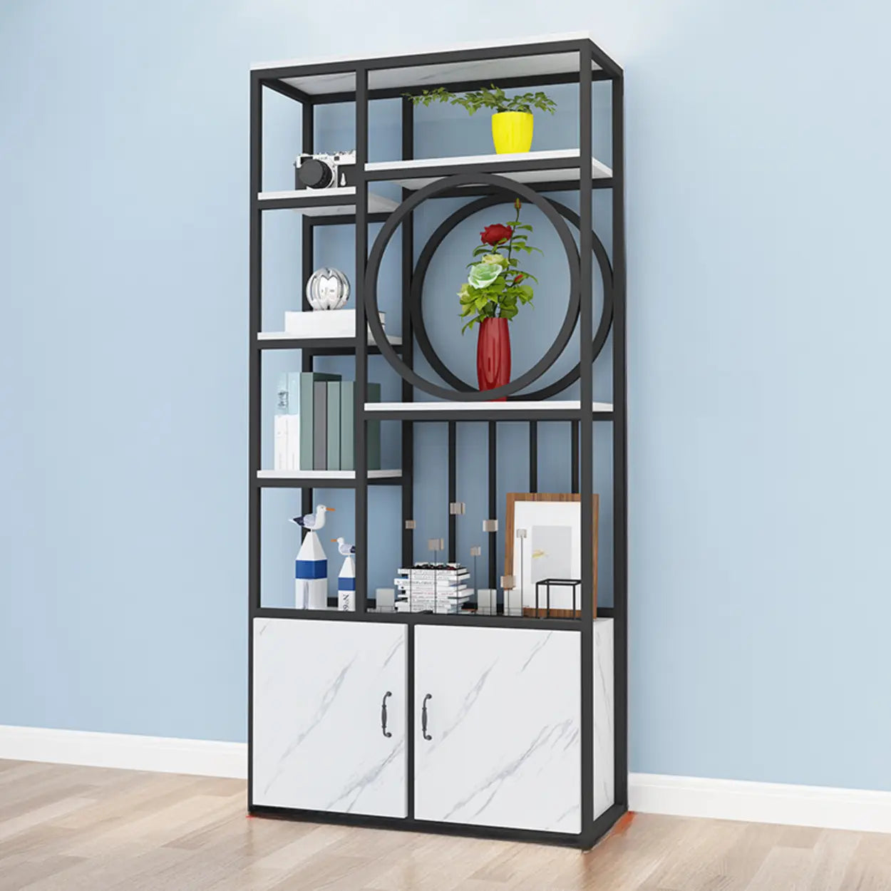 Geometric Metal Display Cabinet for Living Room — Black-White