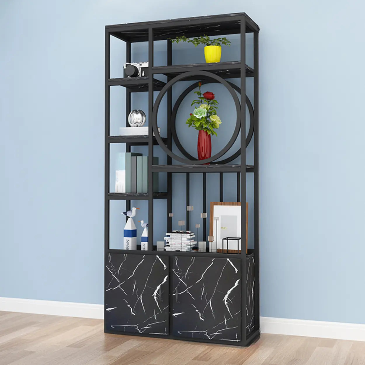 Geometric Metal Display Cabinet for Living Room — Gold/ Gray