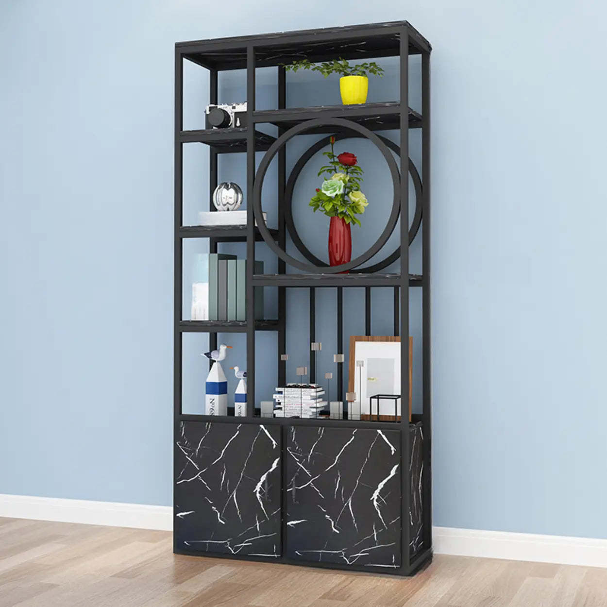 Geometric Metal Display Cabinet for Living Room — Gold/ Gray
