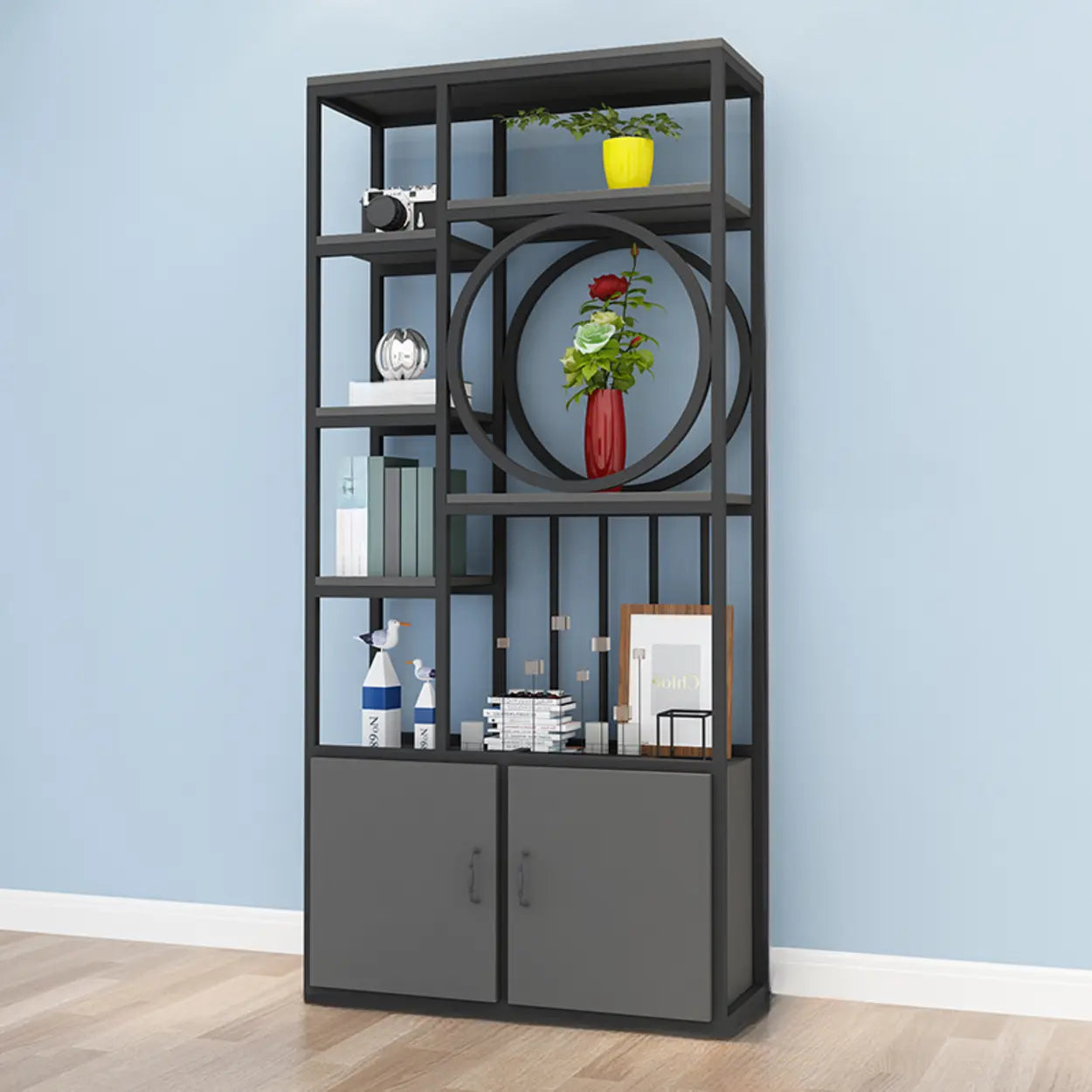 Geometric Metal Display Cabinet for Living Room — Gold-White