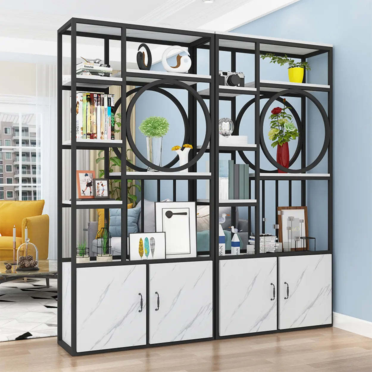 Geometric Metal Display Cabinet for Living Room — Gold-Black
