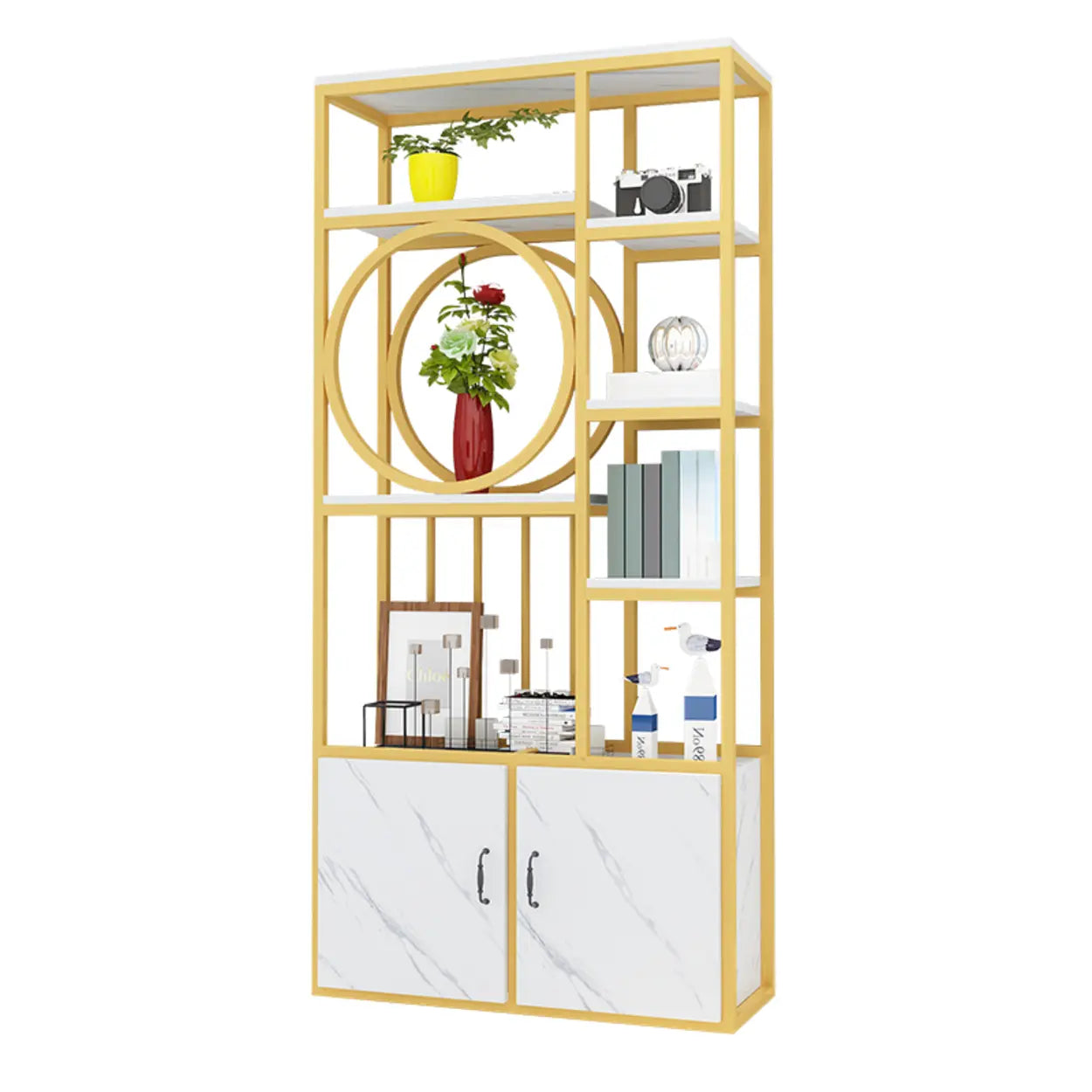 Geometric Metal Display Cabinet for Living Room — Black-White