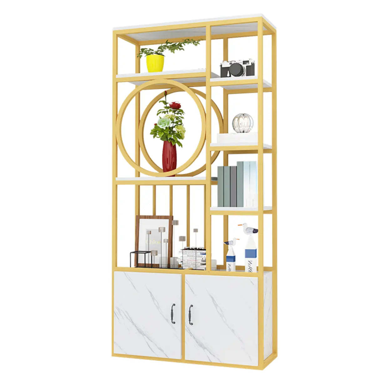 Geometric Metal Display Cabinet for Living Room — Black-White