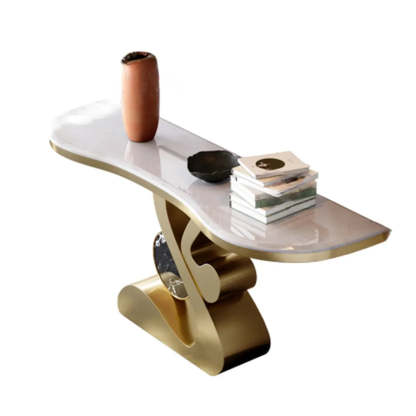 Marble-Top Gold Abstract Console Table — White