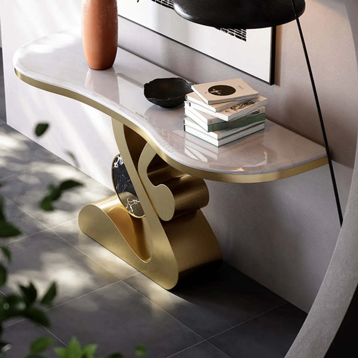 Marble-Top Gold Abstract Console Table — Blue