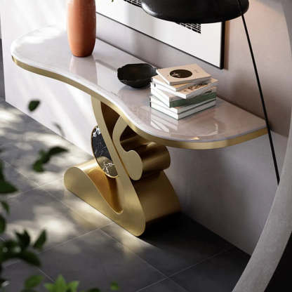Marble-Top Gold Abstract Console Table — Blue