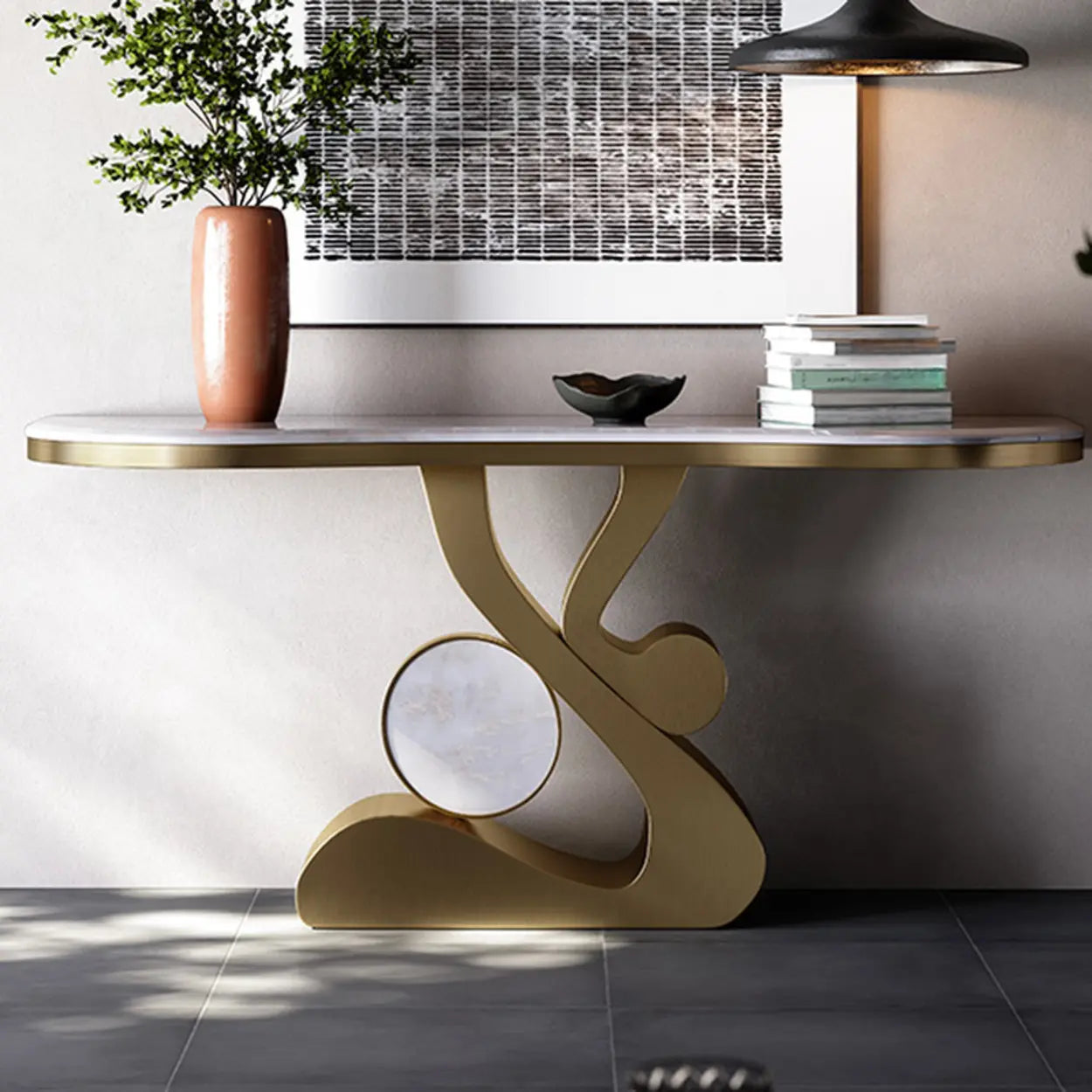 Marble-Top Gold Abstract Console Table — Black