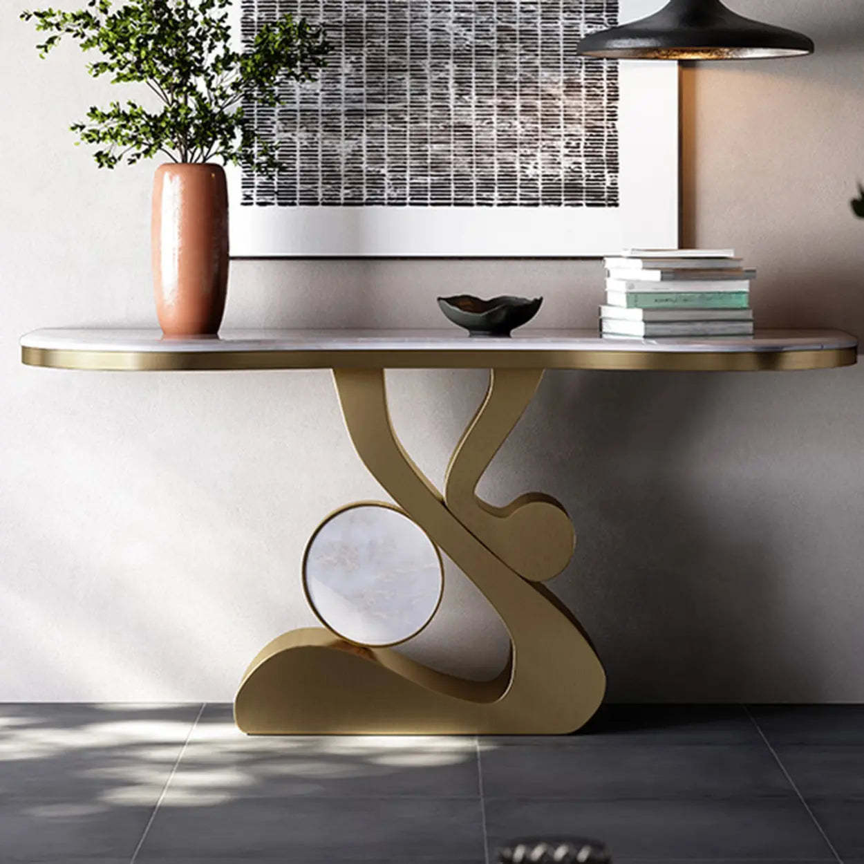 Marble-Top Gold Abstract Console Table — Black