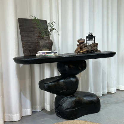 Artistic Pebble Base Black Wood Console Table