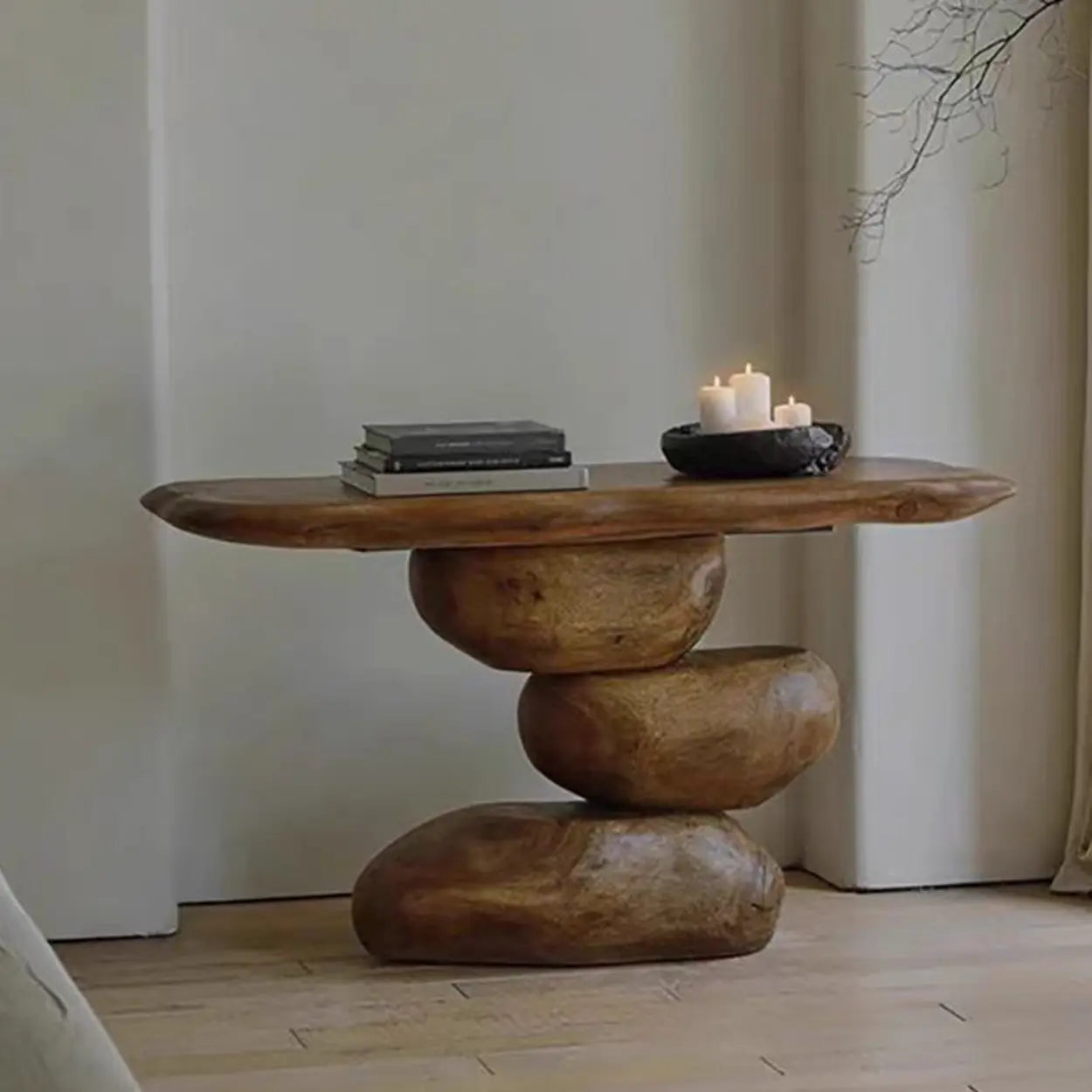Artistic Pebble Base Black Wood Console Table