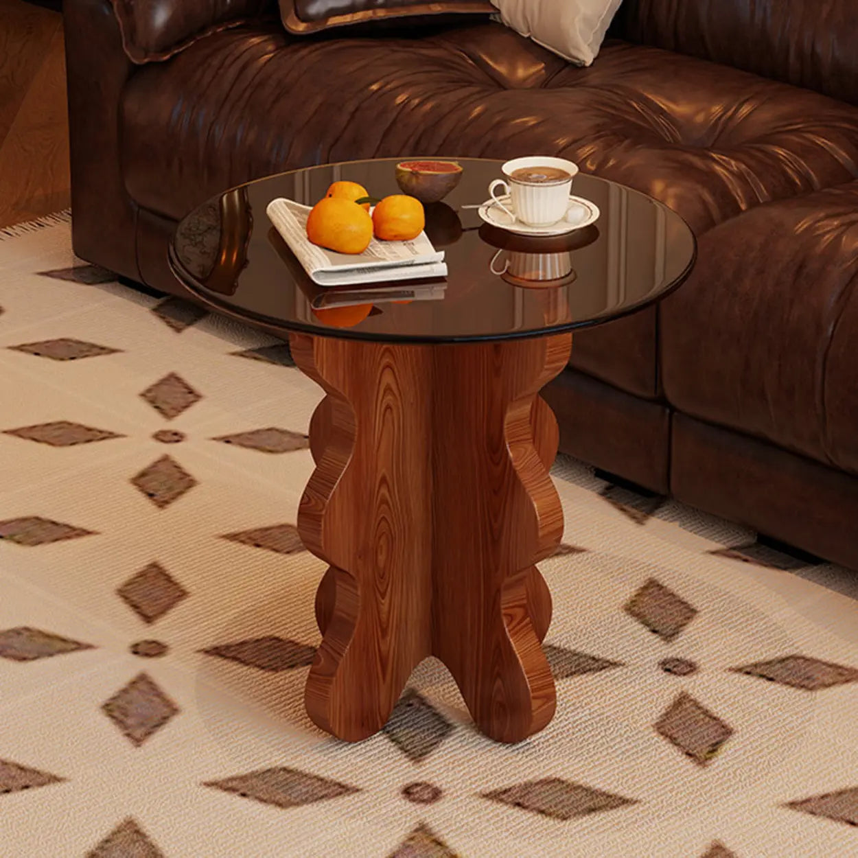 Artistic Glass Top Side Table with Wood Base — Walnut