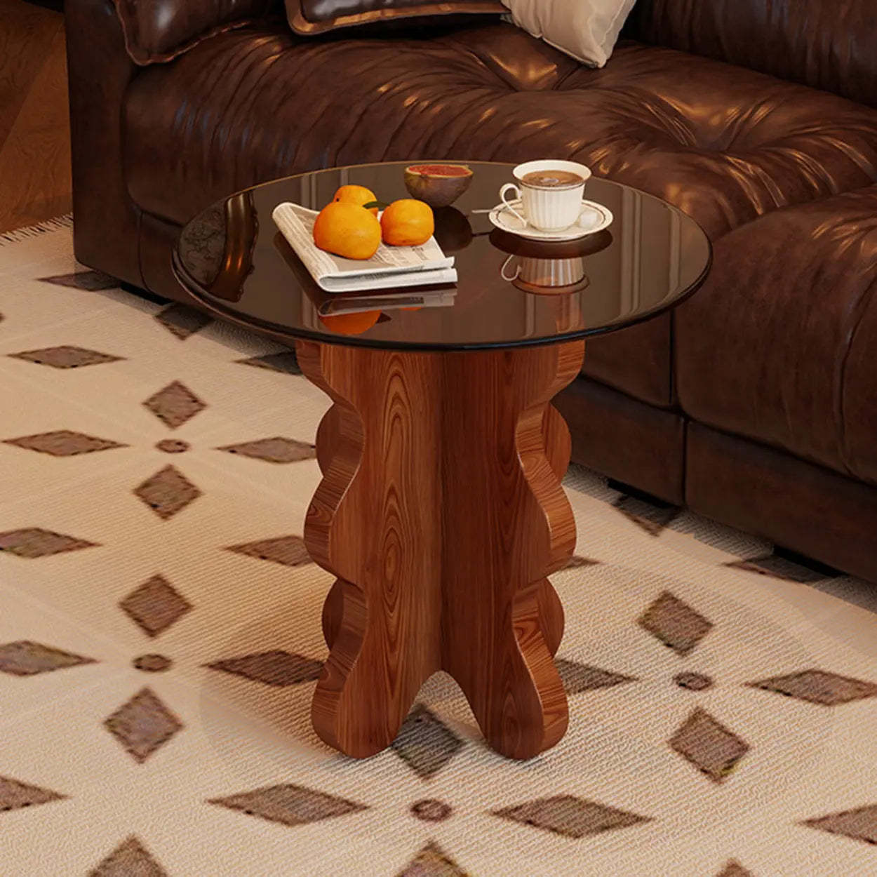 Artistic Glass Top Side Table with Wood Base — Walnut