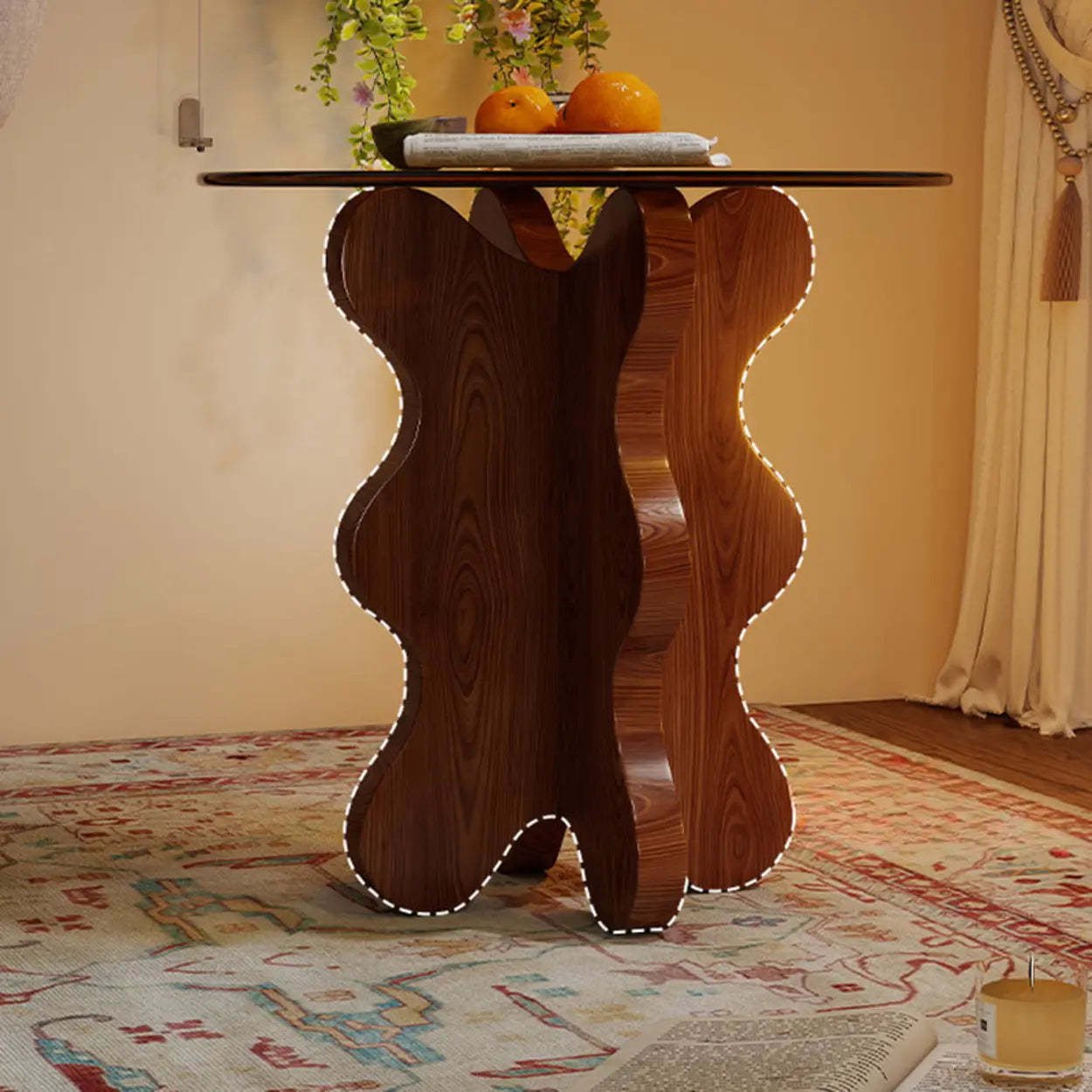 Artistic Glass Top Side Table with Wood Base