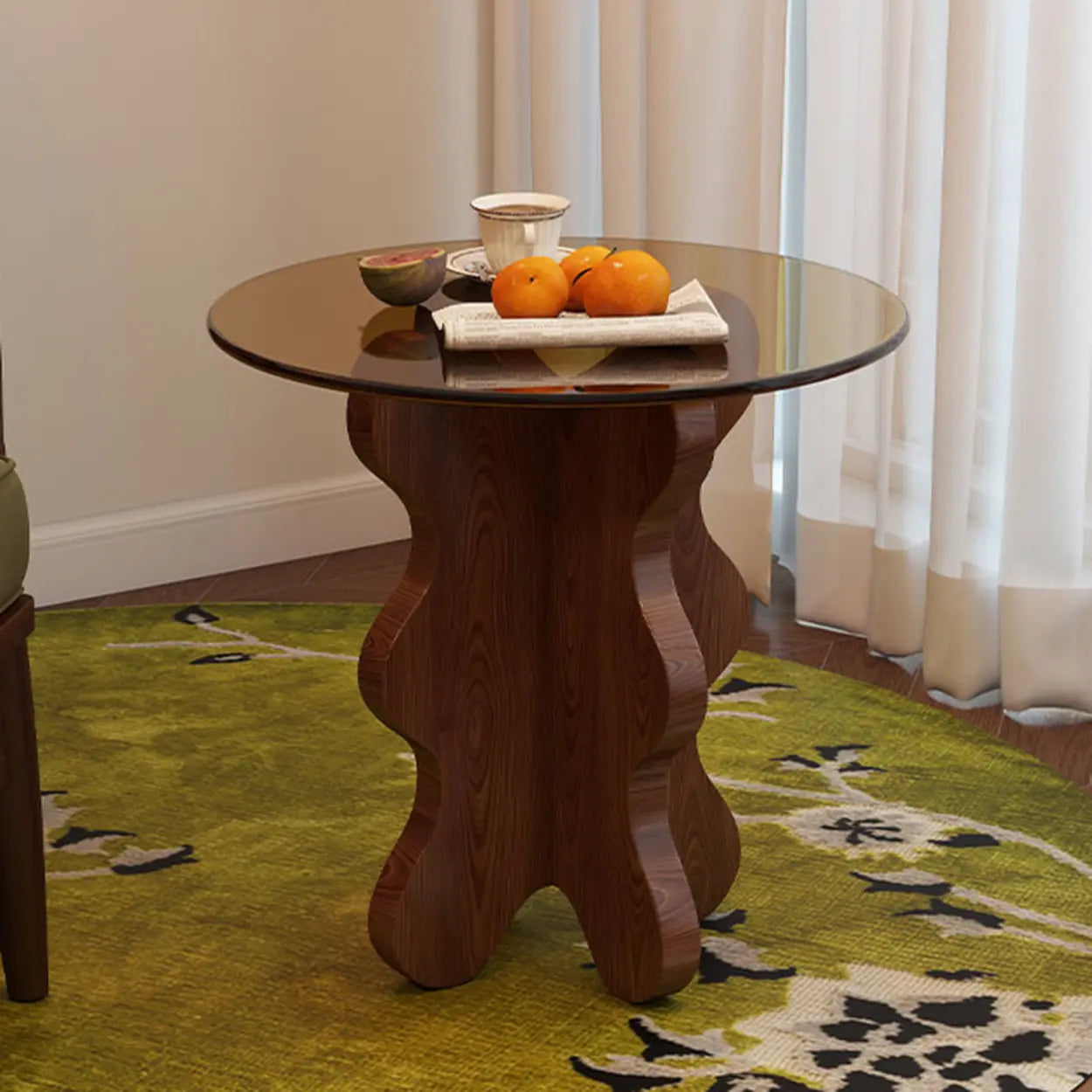 Artistic Glass Top Side Table with Wood Base