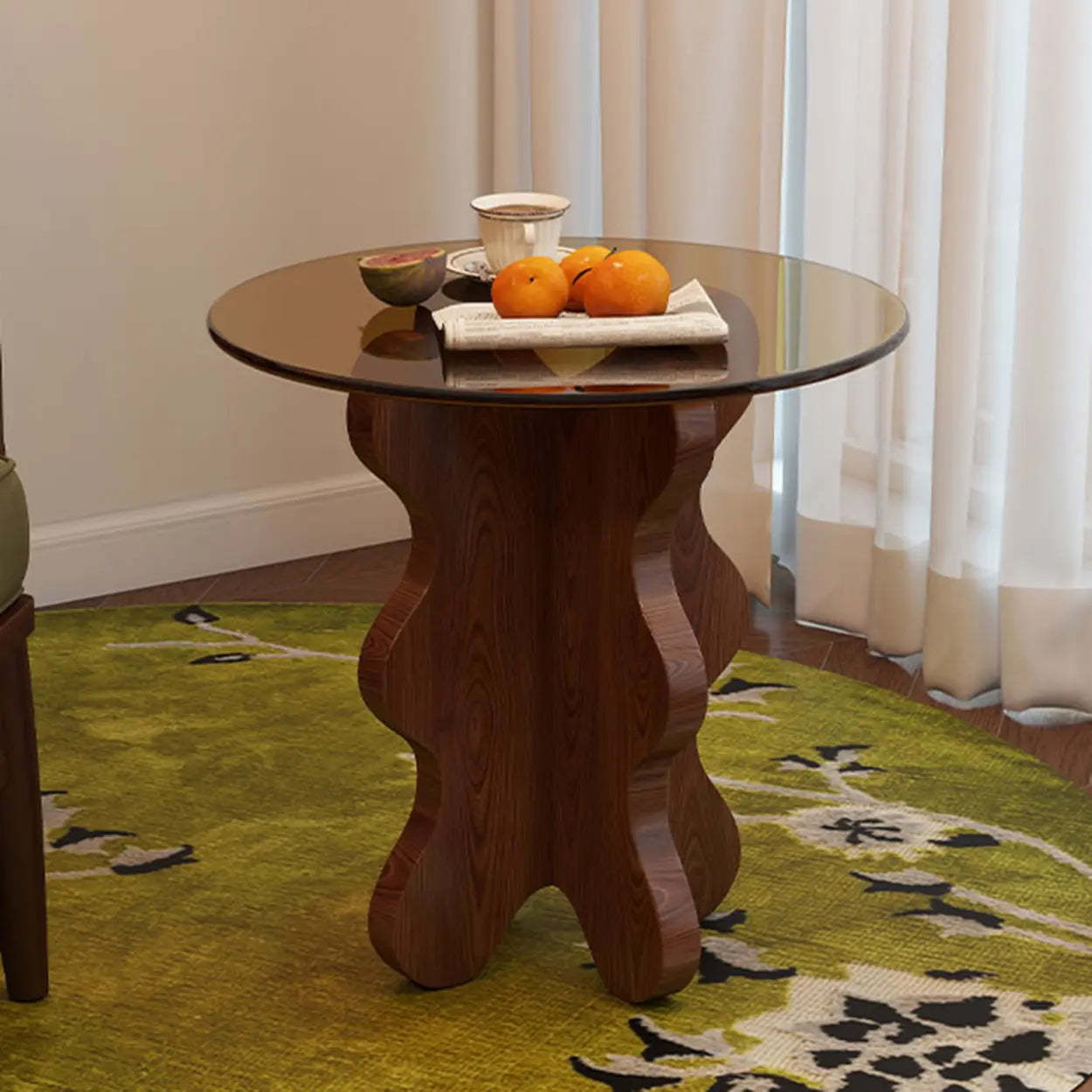 Artistic Glass Top Side Table with Wood Base