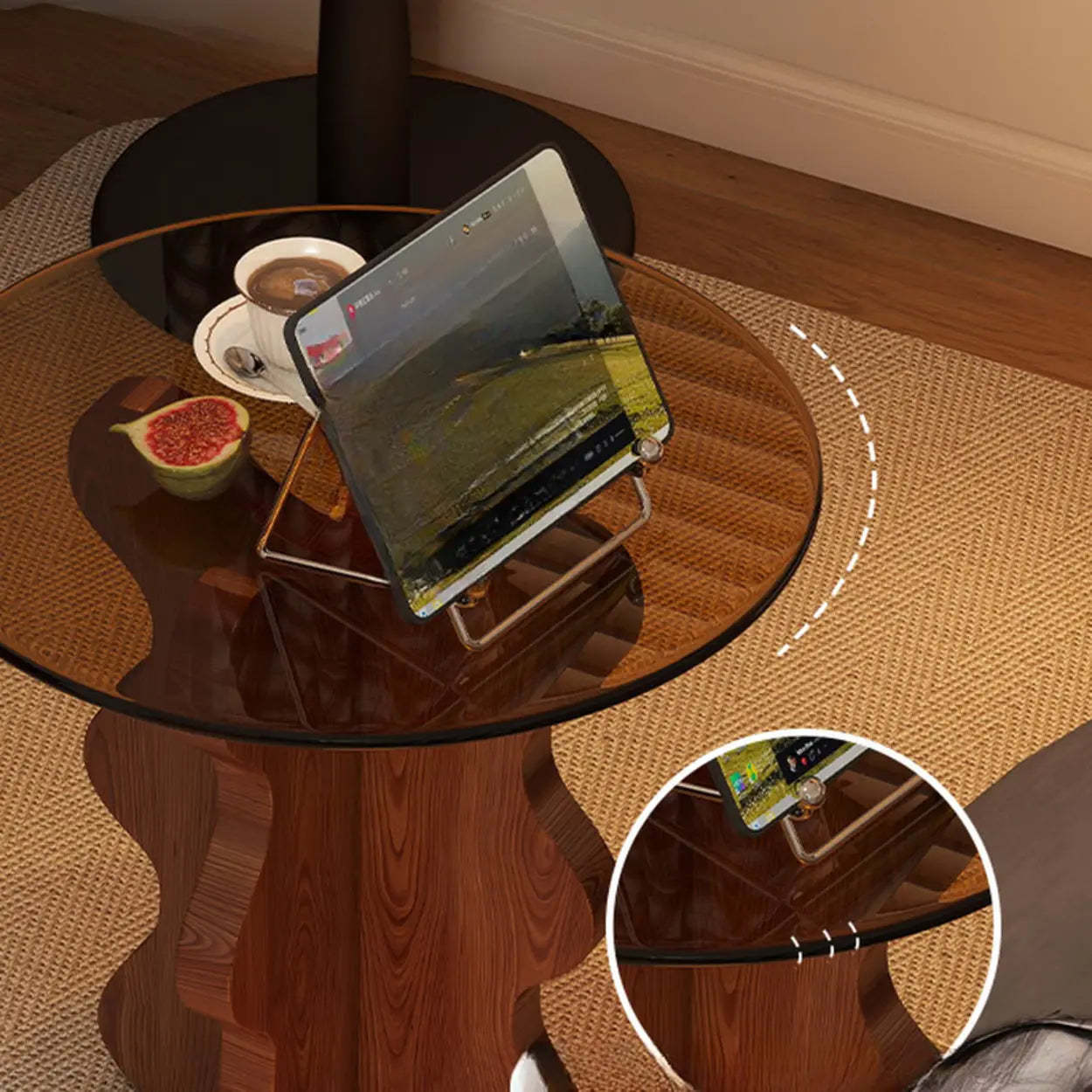 Artistic Glass Top Side Table with Wood Base