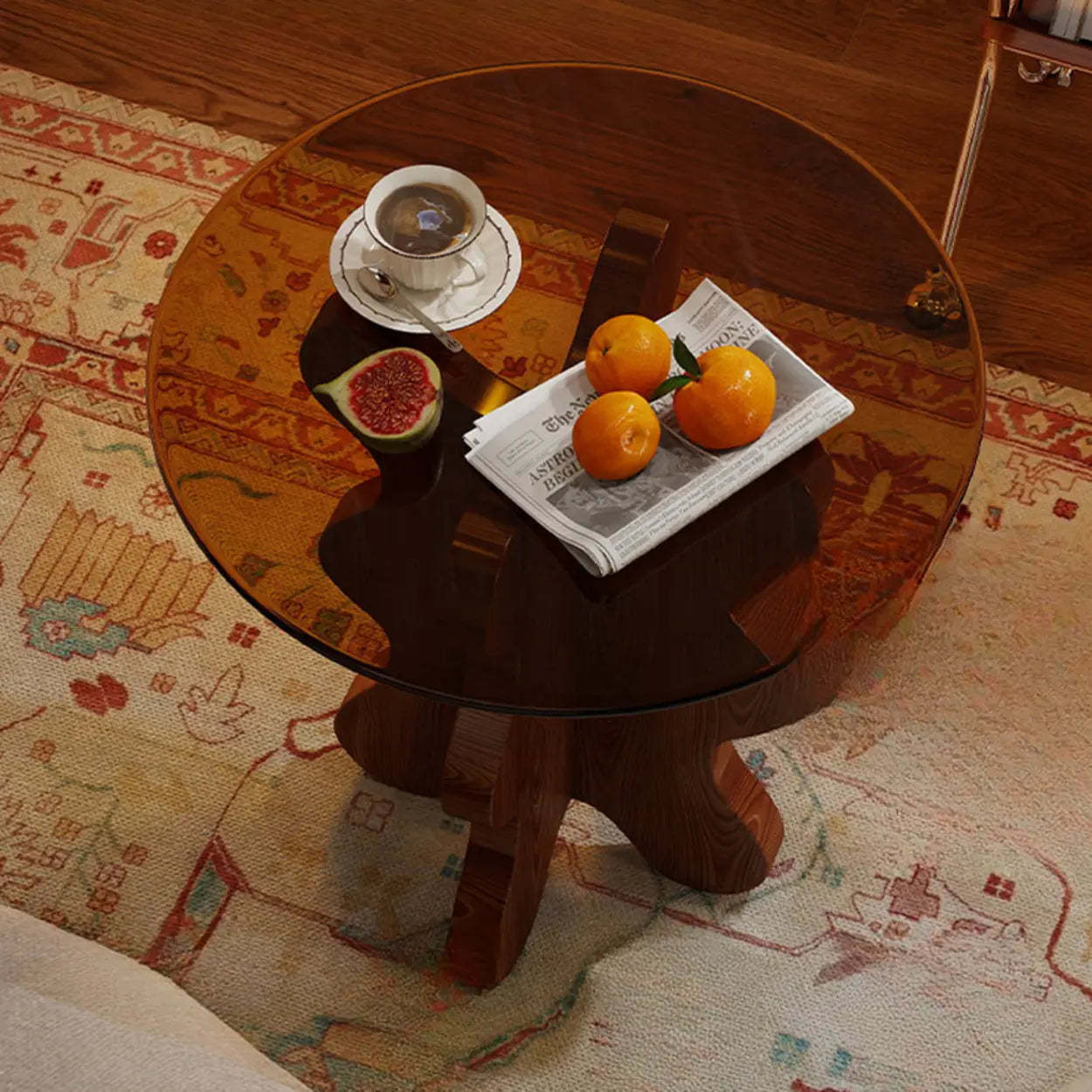 Artistic Glass Top Side Table with Wood Base