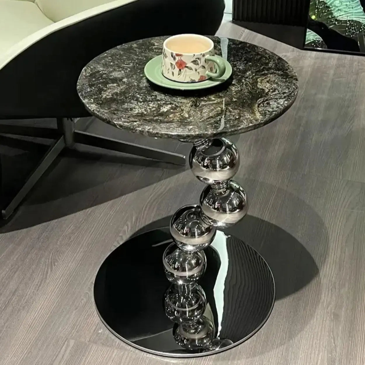 Artistic Marble Top Silver Ball Pedestal Side Table