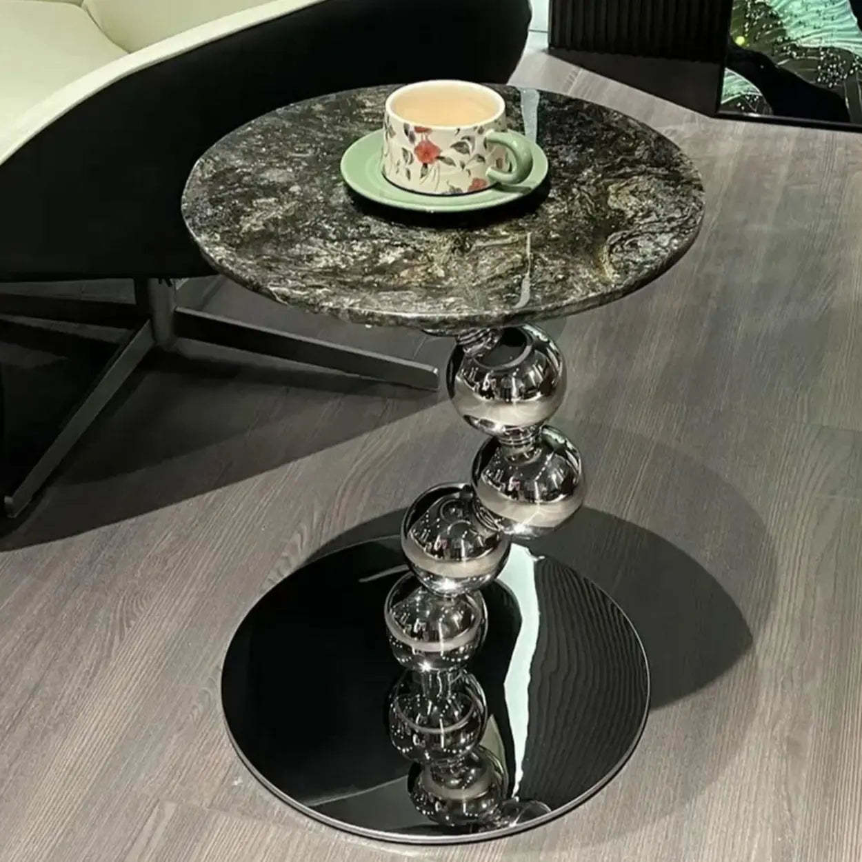 Artistic Marble Top Silver Ball Pedestal Side Table — Gray/White
