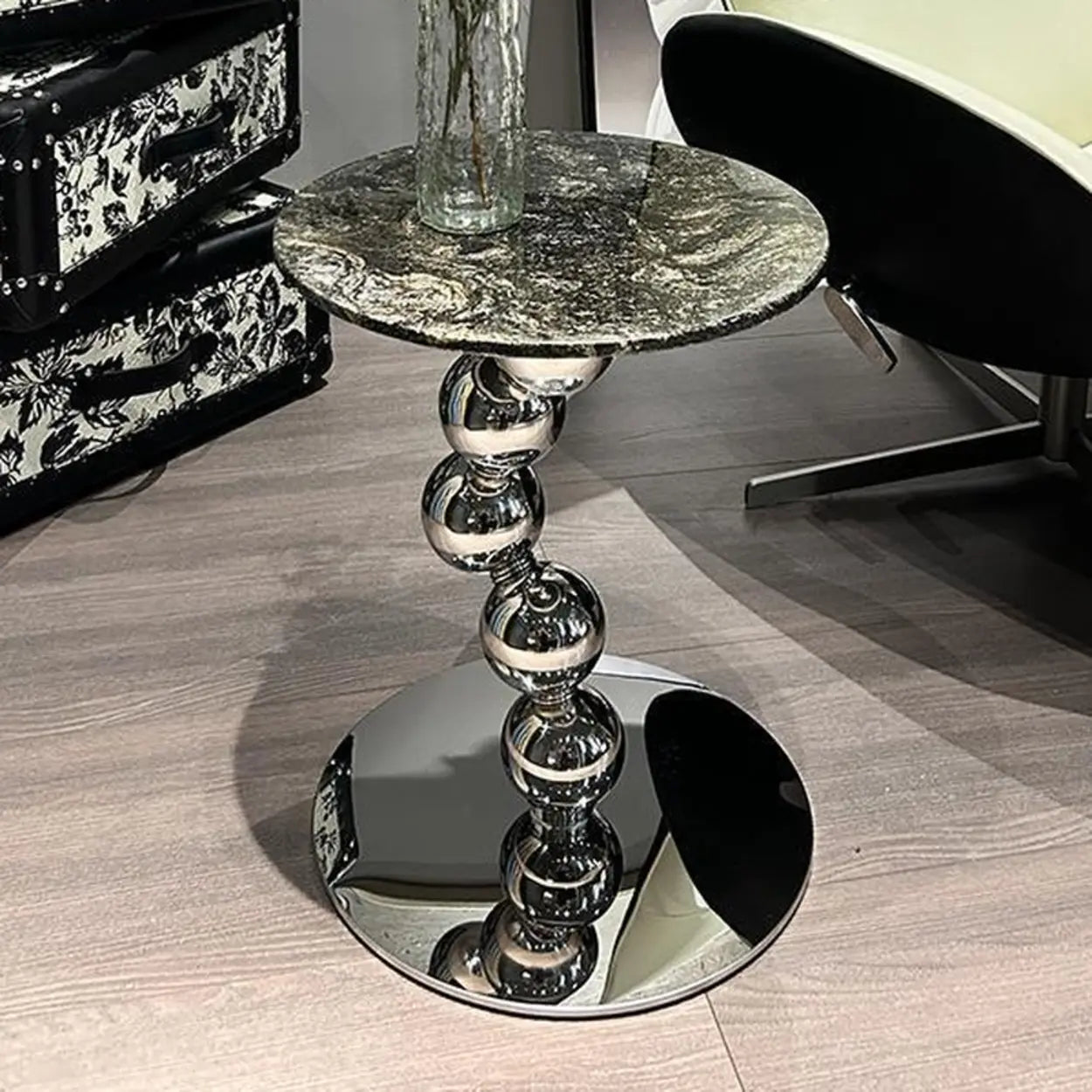 Artistic Marble Top Silver Ball Pedestal Side Table — Black/Green