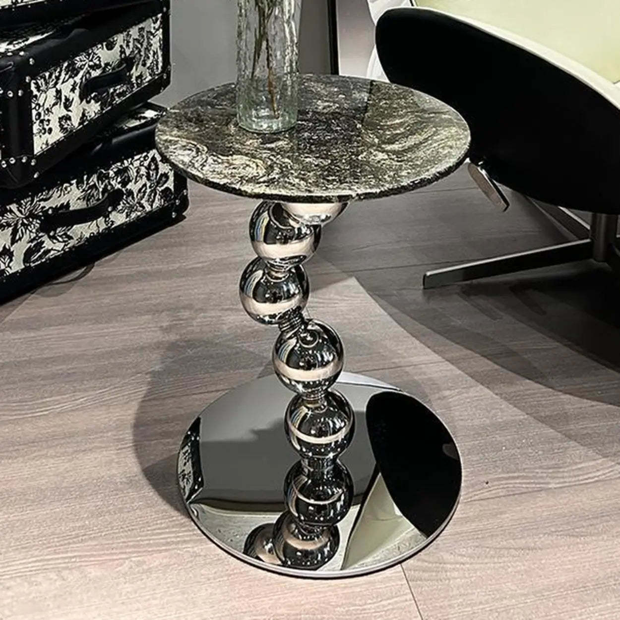 Artistic Marble Top Silver Ball Pedestal Side Table — Black/Green