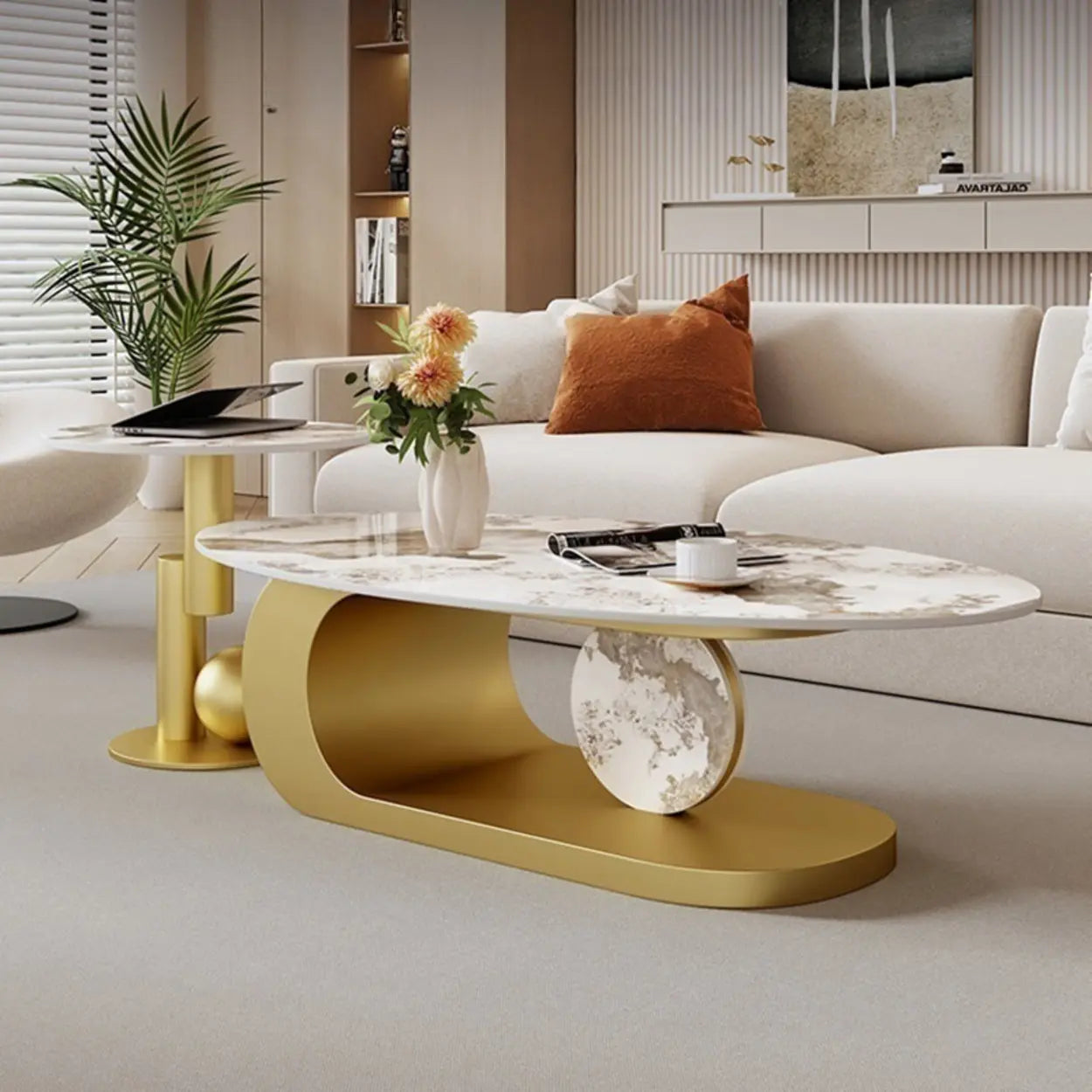 Artistic Stone Oval Iron Block Coffee Table