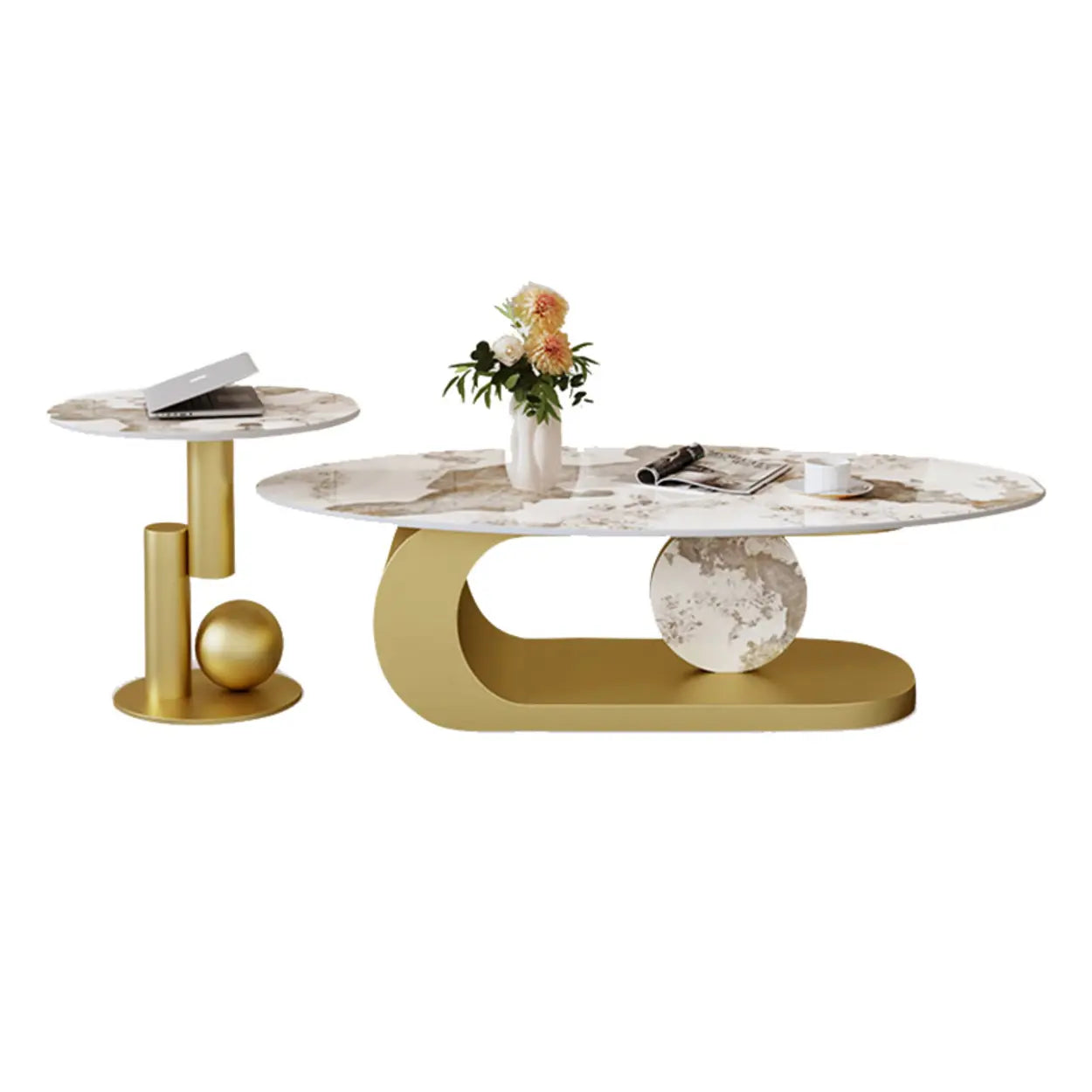 Artistic Stone Oval Iron Block Coffee Table — White