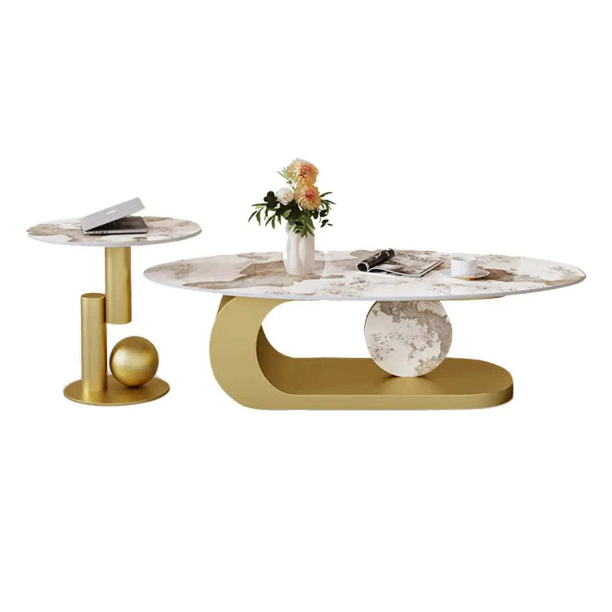 Artistic Stone Oval Iron Block Coffee Table — White