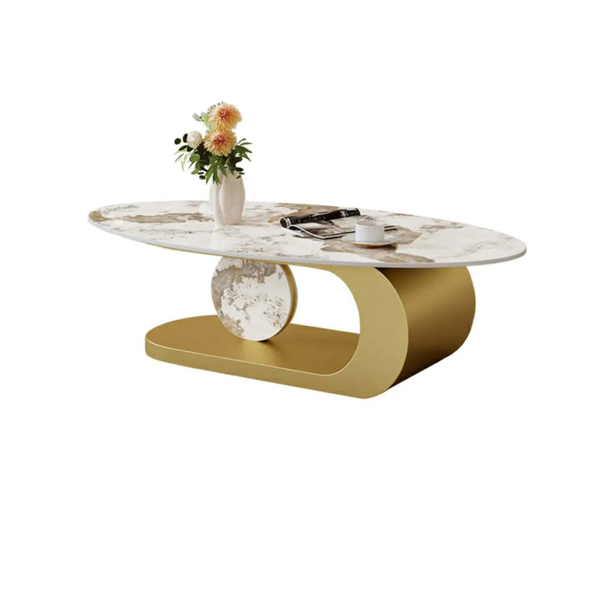 Artistic Stone Oval Iron Block Coffee Table — Gold