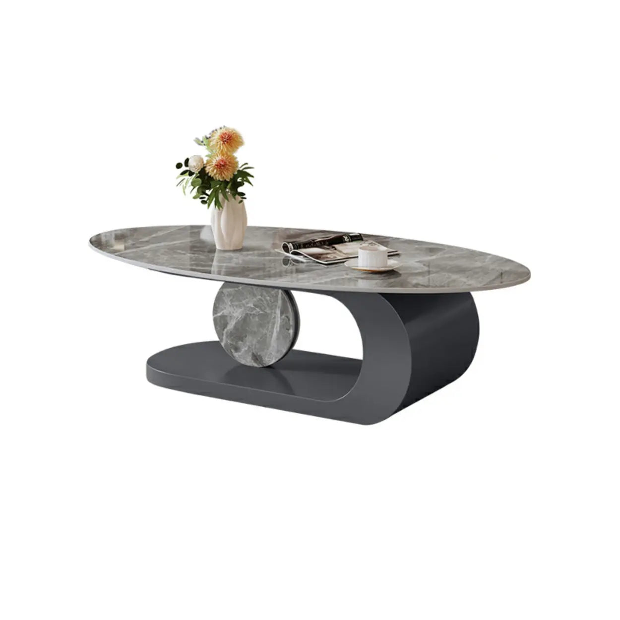 Artistic Stone Oval Iron Block Coffee Table — Gray