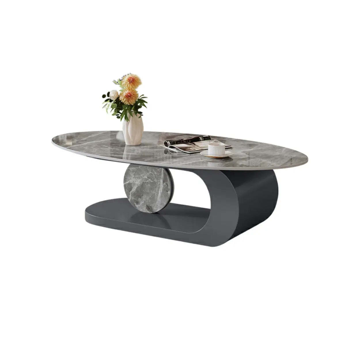 Artistic Stone Oval Iron Block Coffee Table — Gray