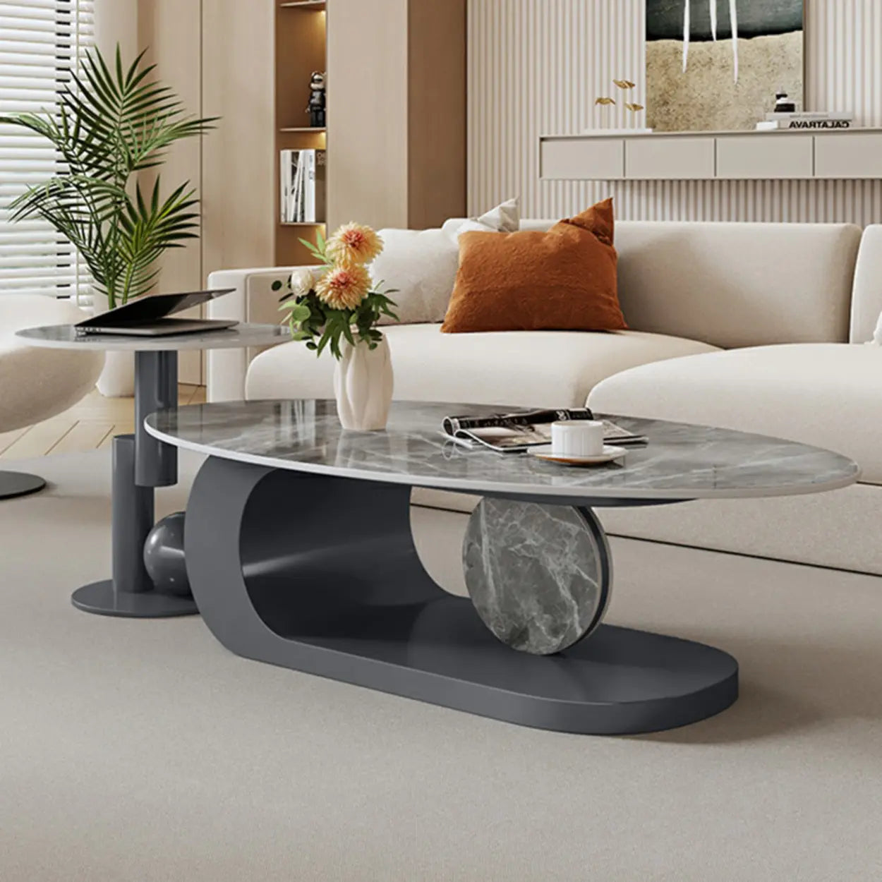 Artistic Stone Oval Iron Block Coffee Table — Black