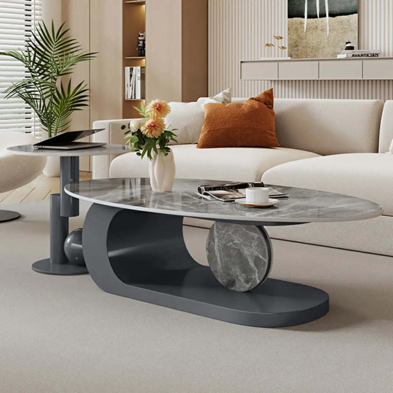 Artistic Stone Oval Iron Block Coffee Table — Black
