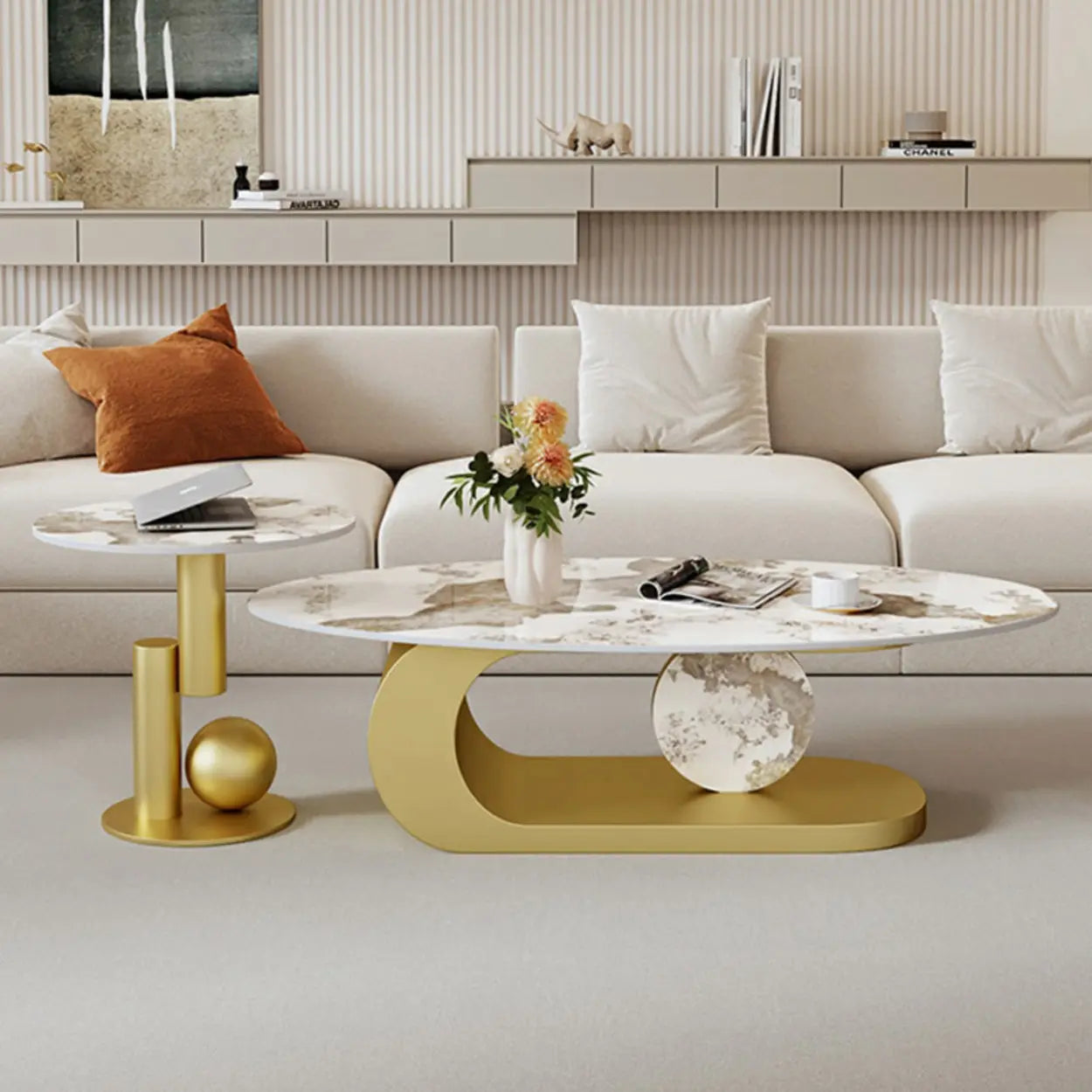 Artistic Stone Oval Iron Block Coffee Table — Gray