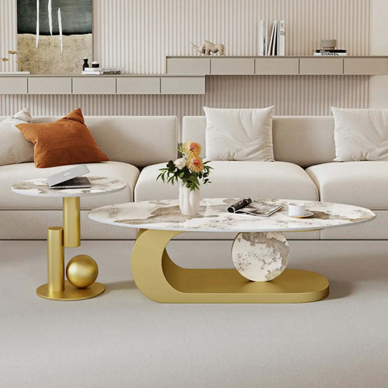 Artistic Stone Oval Iron Block Coffee Table — Gray