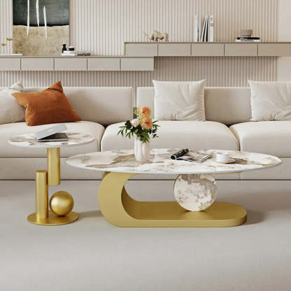 Artistic Stone Oval Iron Block Coffee Table — Gray