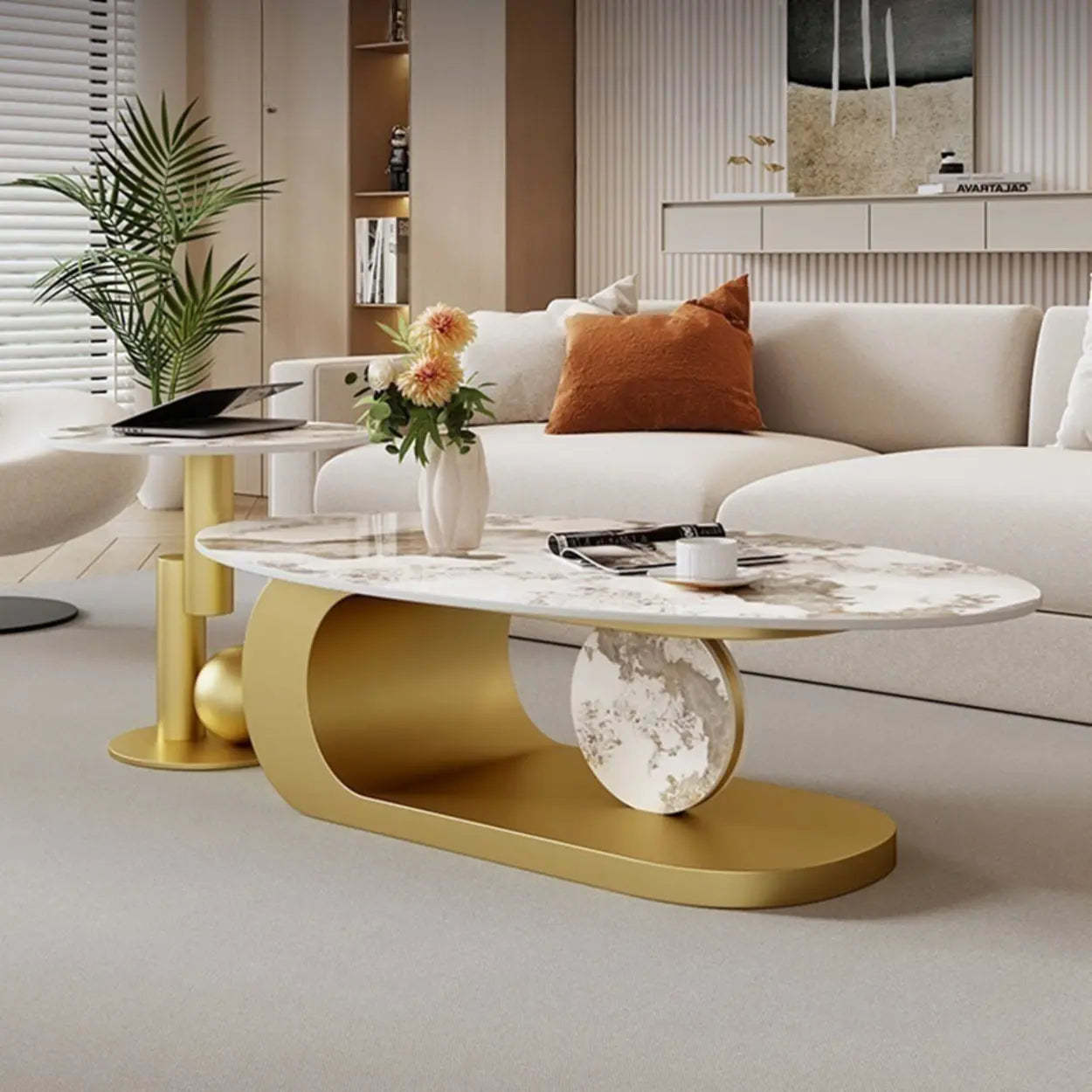 Artistic Stone Oval Iron Block Coffee Table — Black