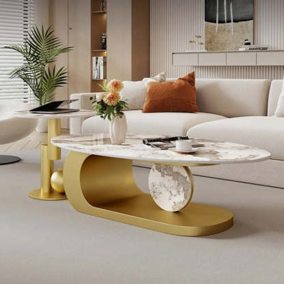 Artistic Stone Oval Iron Block Coffee Table — Black