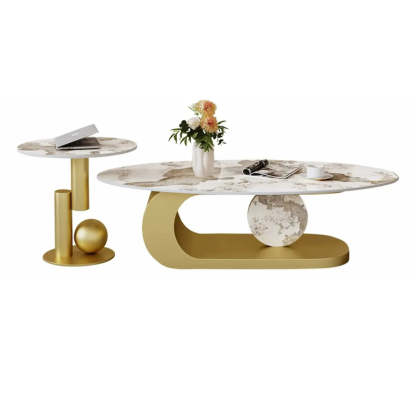 Artistic Stone Oval Iron Block Coffee Table — White
