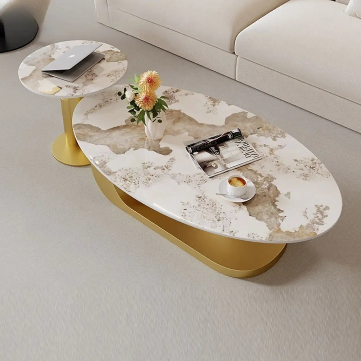 Artistic Stone Oval Iron Block Coffee Table — Gold