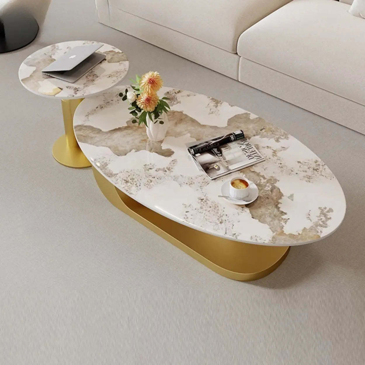 Artistic Stone Oval Iron Block Coffee Table — Gold